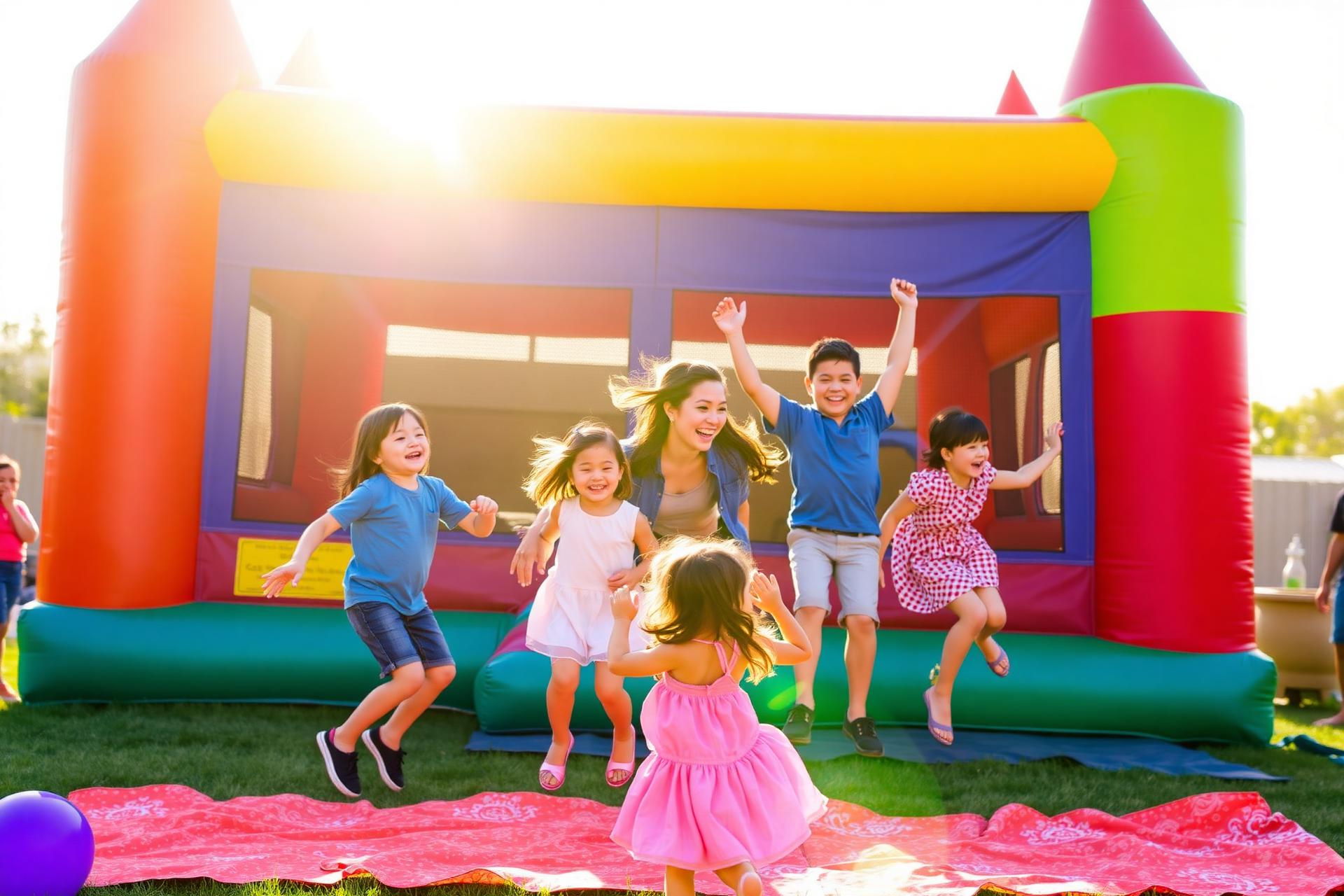 Niños divirtiéndose en un evento con inflables